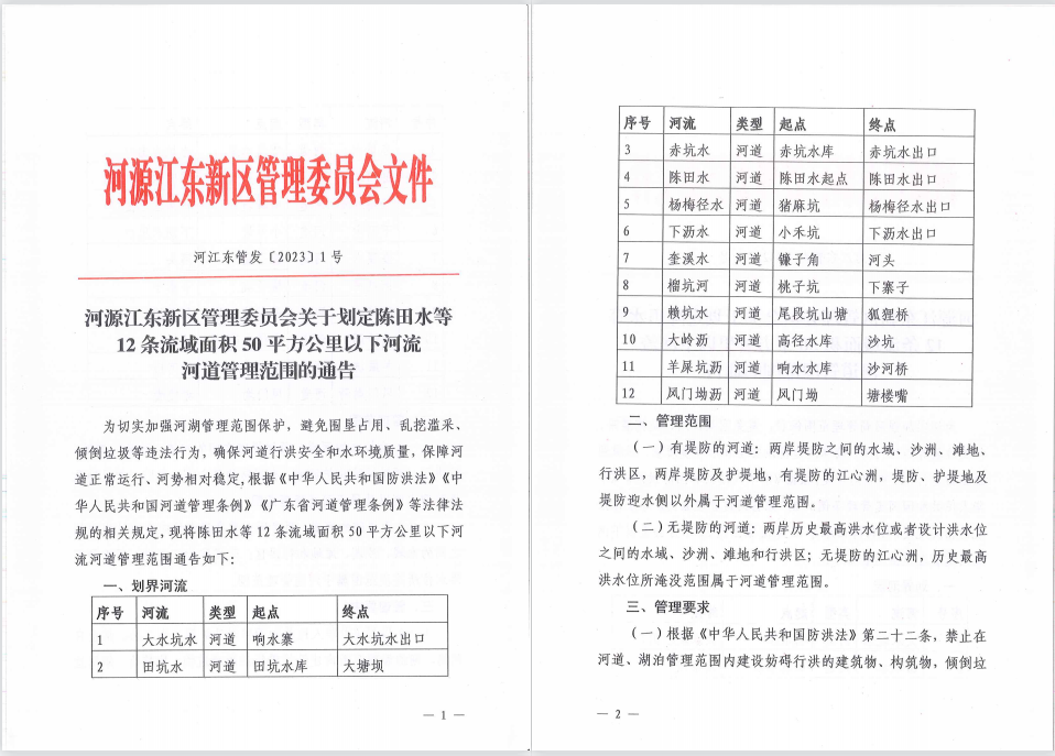 河源江東新區(qū)管理委員會關(guān)于劃定陳田水等12條流域面積50平方公里以下河流河道管理范圍的通告（1）.jpg